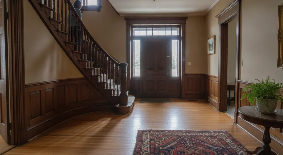 Cleaner wiping deep baseboard trim in a century home in Cambridge Ontario